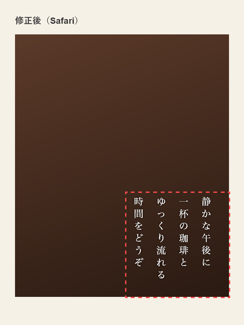 Safariで縦書きの文章が写真の右下に収まっている表示例