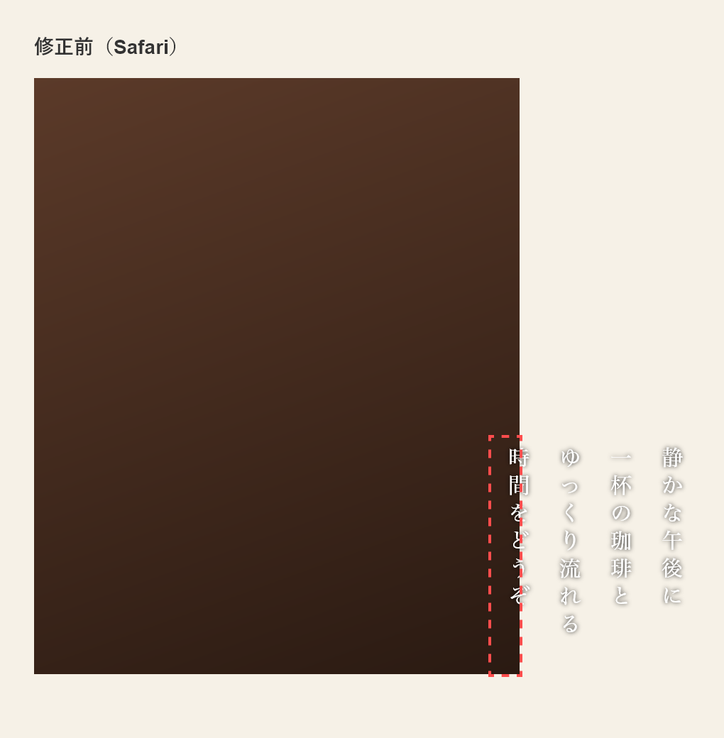 Safariで縦書きの文章が写真の右外へはみ出している表示例
